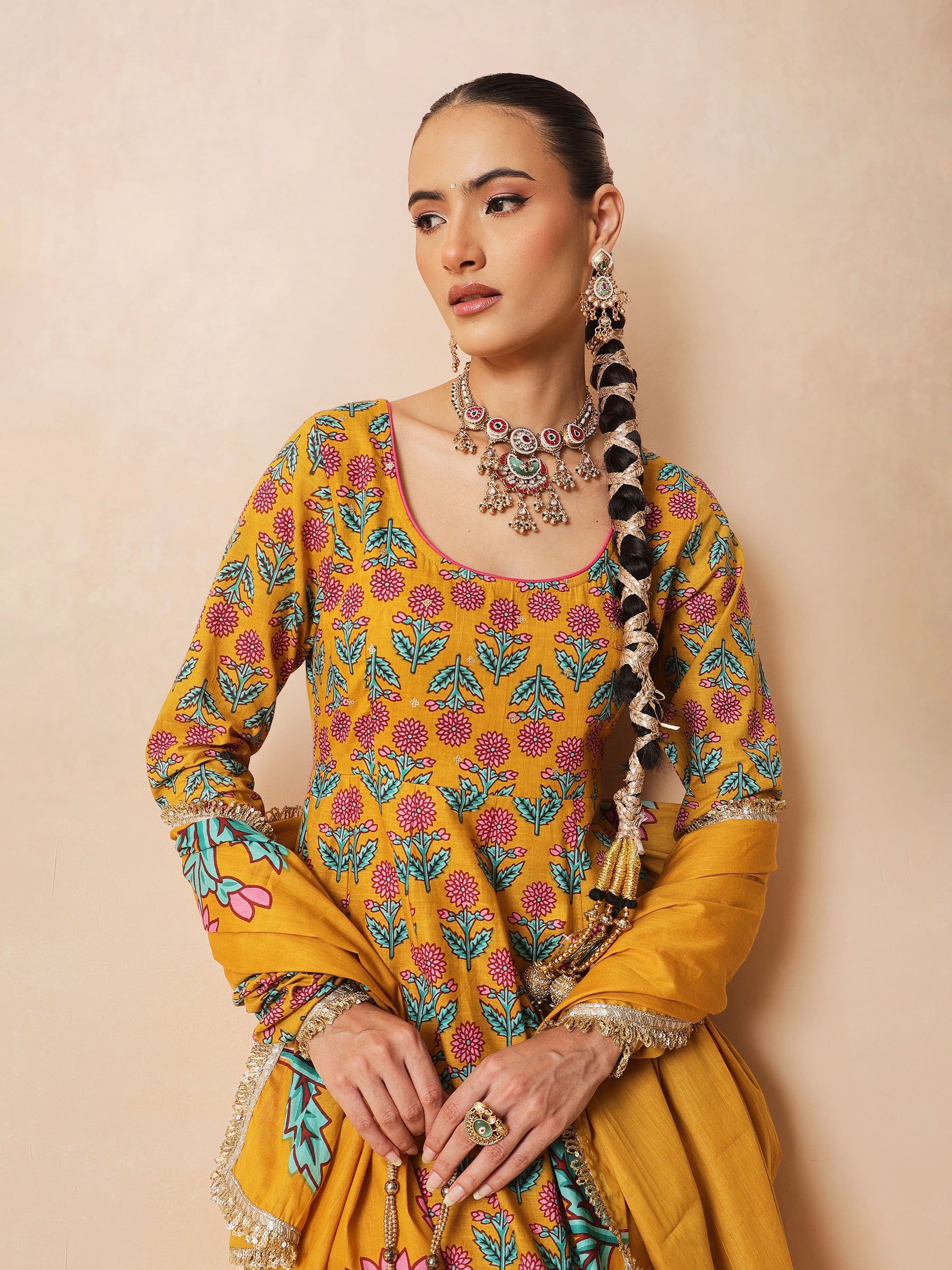 Women Yellow Floral Cotton Anarkali Kurta With Pencil Pants & Dupatta