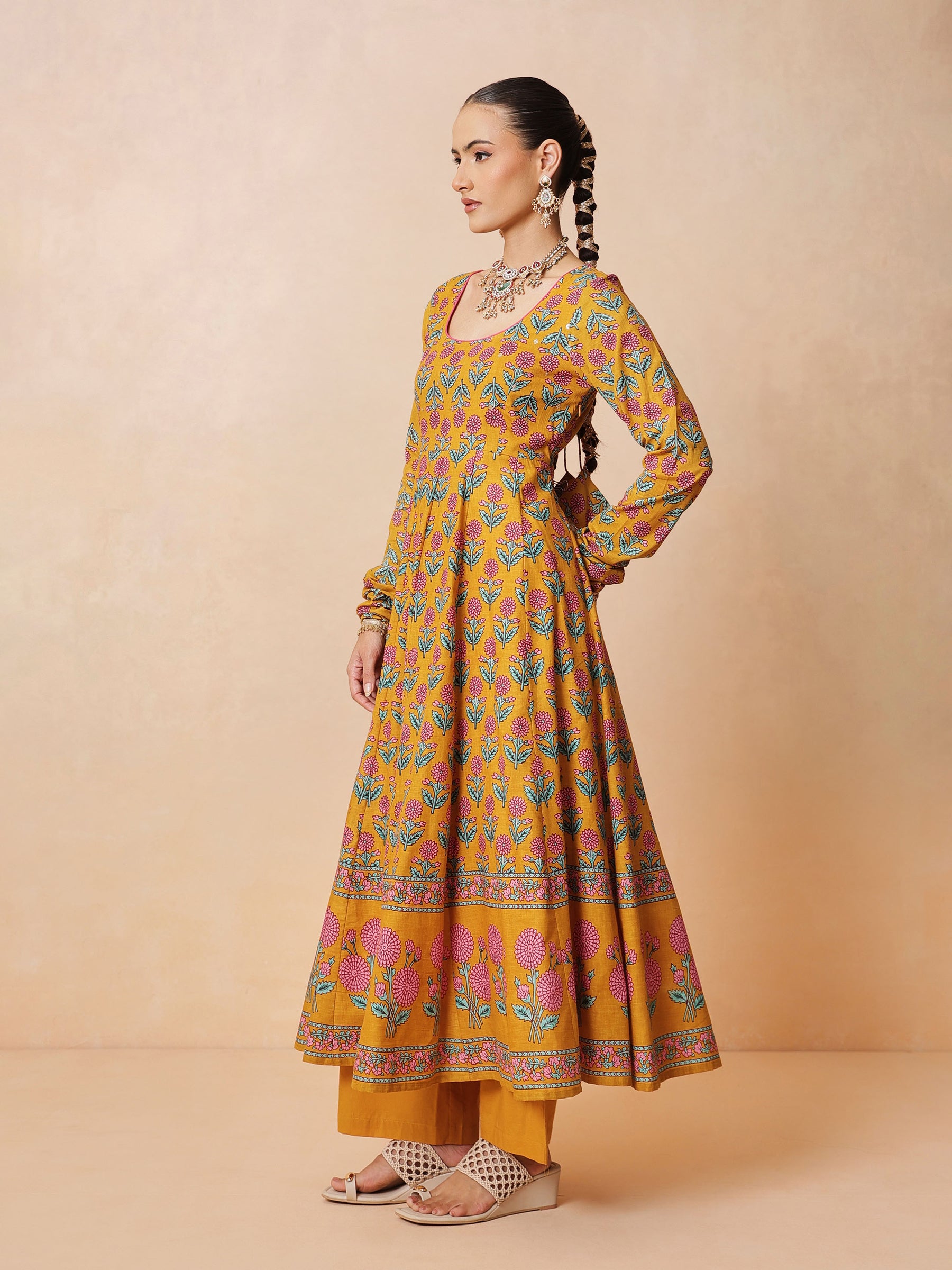 Women Yellow Floral Cotton Anarkali Kurta With Pencil Pants & Dupatta