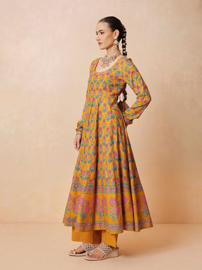 Women Yellow Floral Cotton Anarkali Kurta With Pencil Pants & Dupatta
