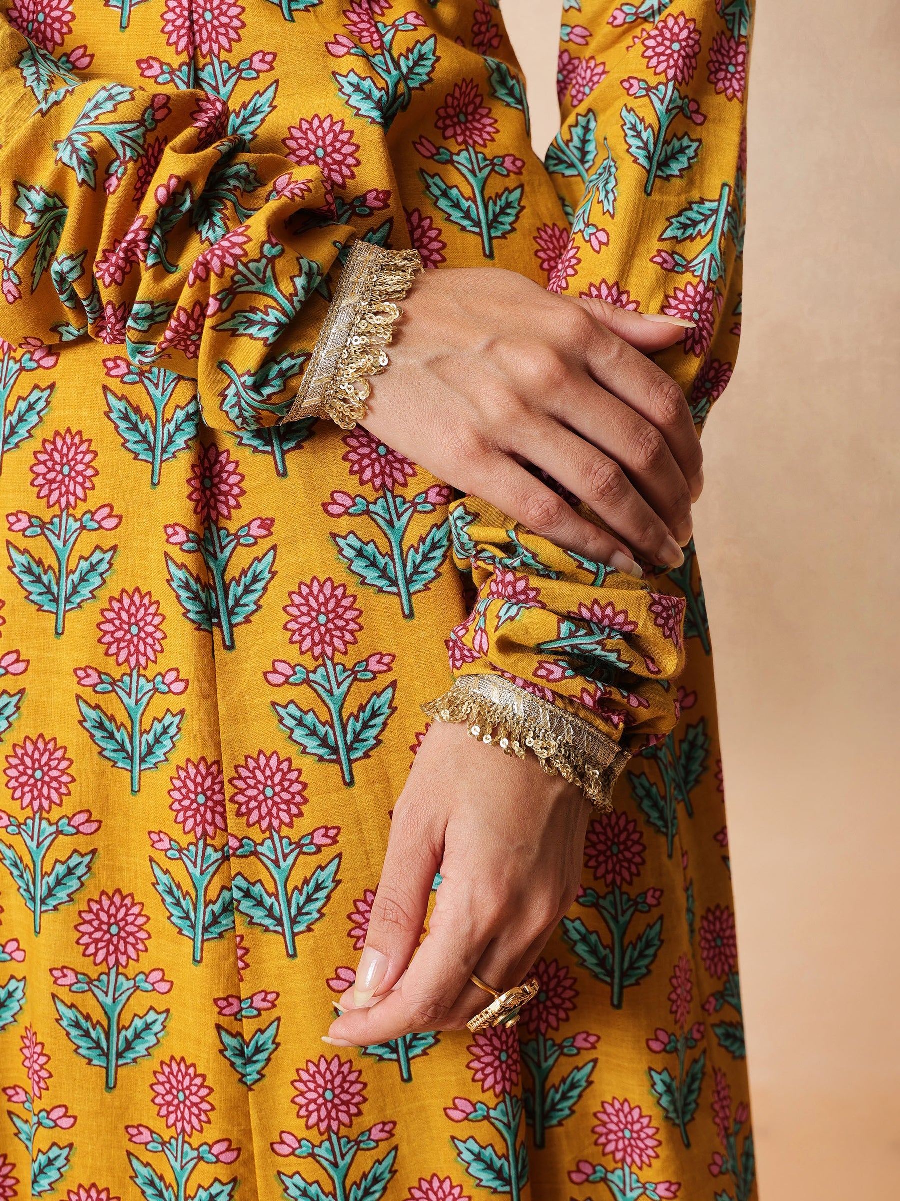 Women Yellow Floral Cotton Anarkali Kurta With Pencil Pants & Dupatta