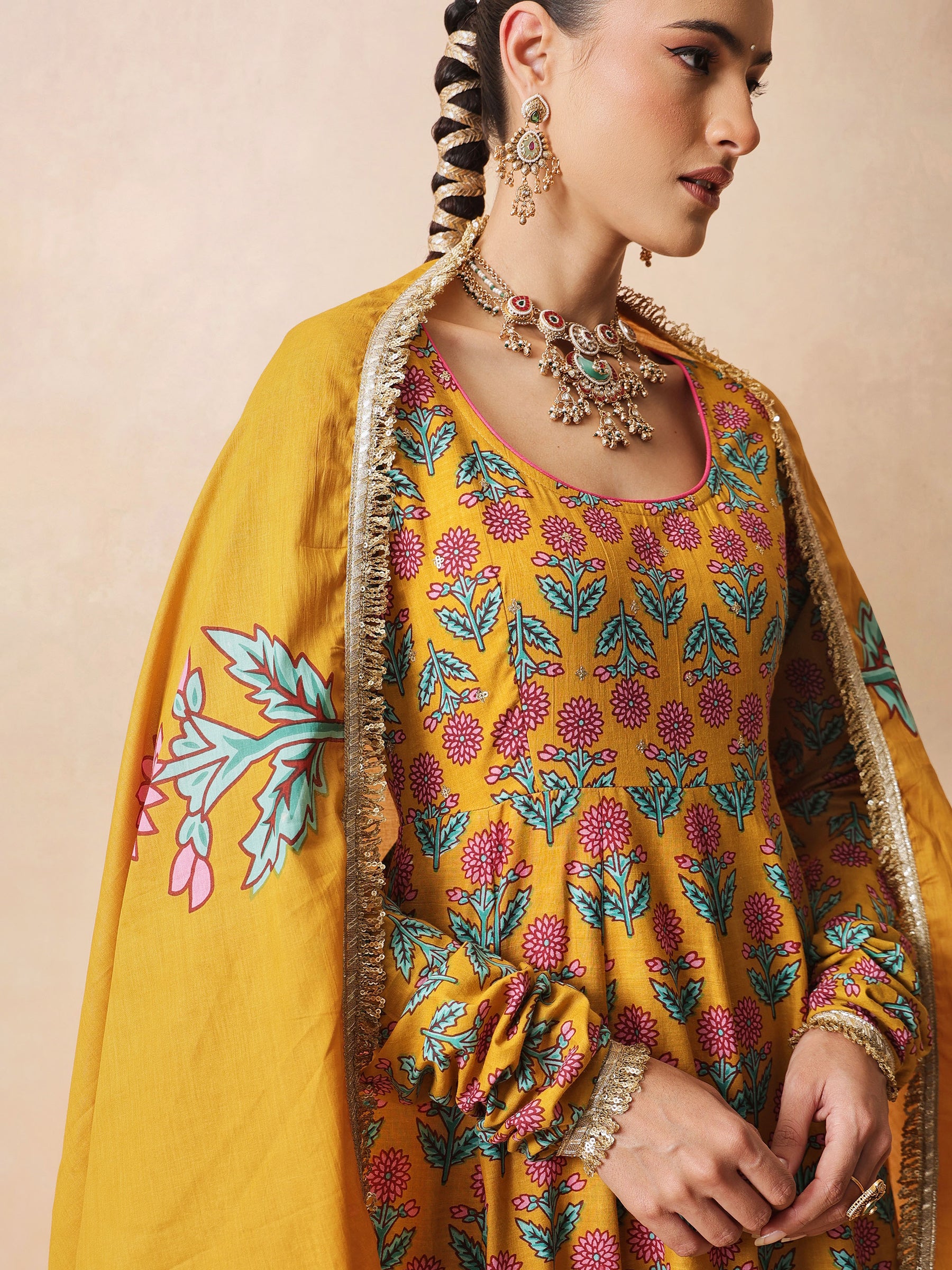 Women Yellow Floral Cotton Anarkali Kurta With Pencil Pants & Dupatta