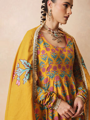 Women Yellow Floral Cotton Anarkali Kurta With Pencil Pants & Dupatta