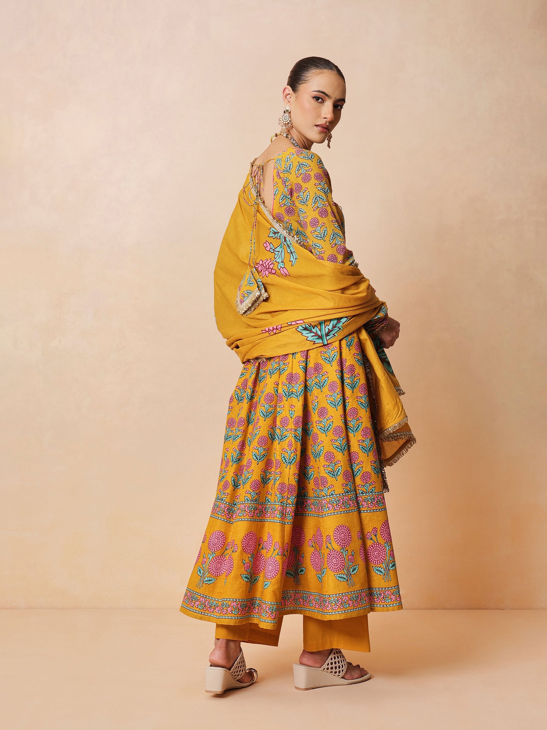 Women Yellow Floral Cotton Anarkali Kurta With Pencil Pants & Dupatta