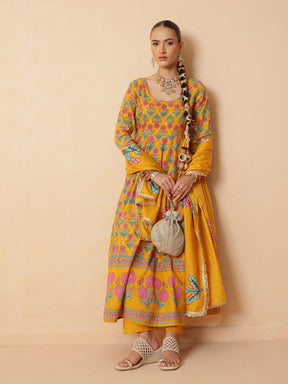 Women Yellow Floral Cotton Anarkali Kurta With Pencil Pants & Dupatta