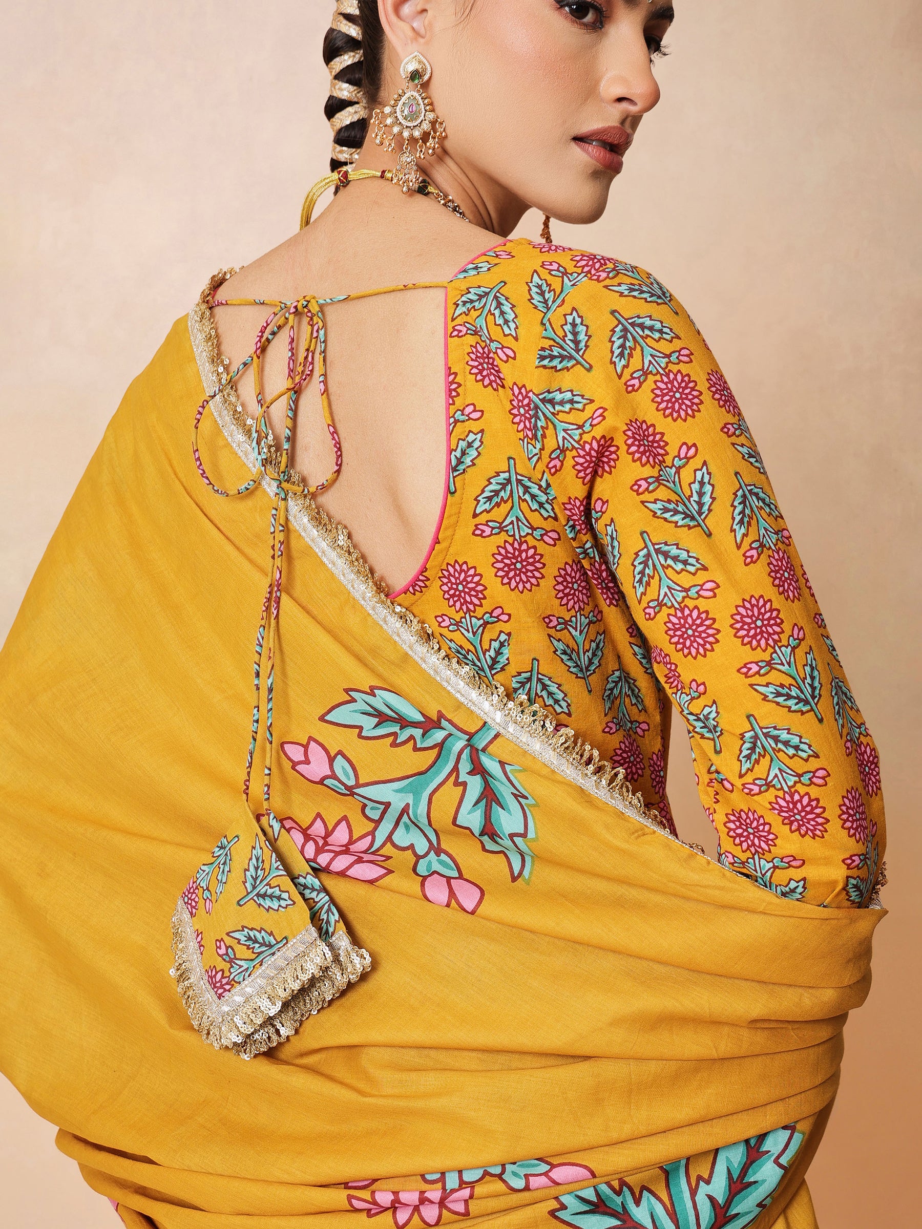 Women Yellow Floral Cotton Anarkali Kurta With Pencil Pants & Dupatta