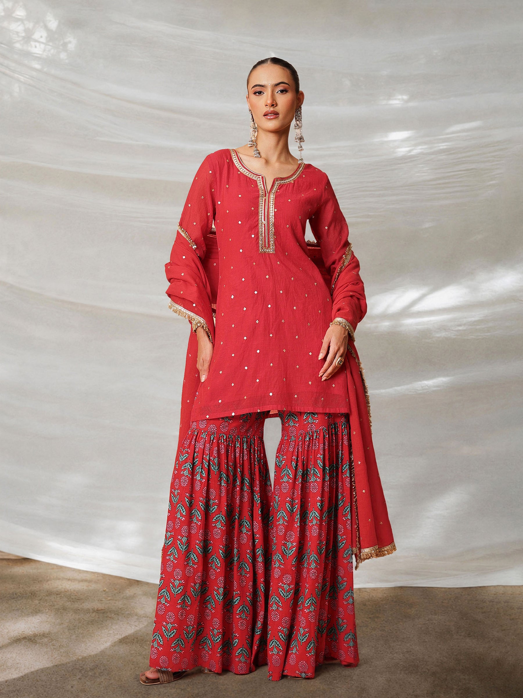 Red Embroidered Short Kurta With Sharara Pants & Dupatta-Luxe - Shae by SASSAFRAS