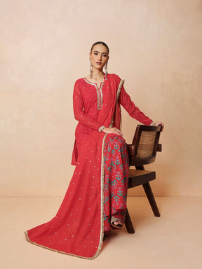 Red Embroidered Short Kurta With Sharara Pants & Dupatta-Luxe - Shae by SASSAFRAS