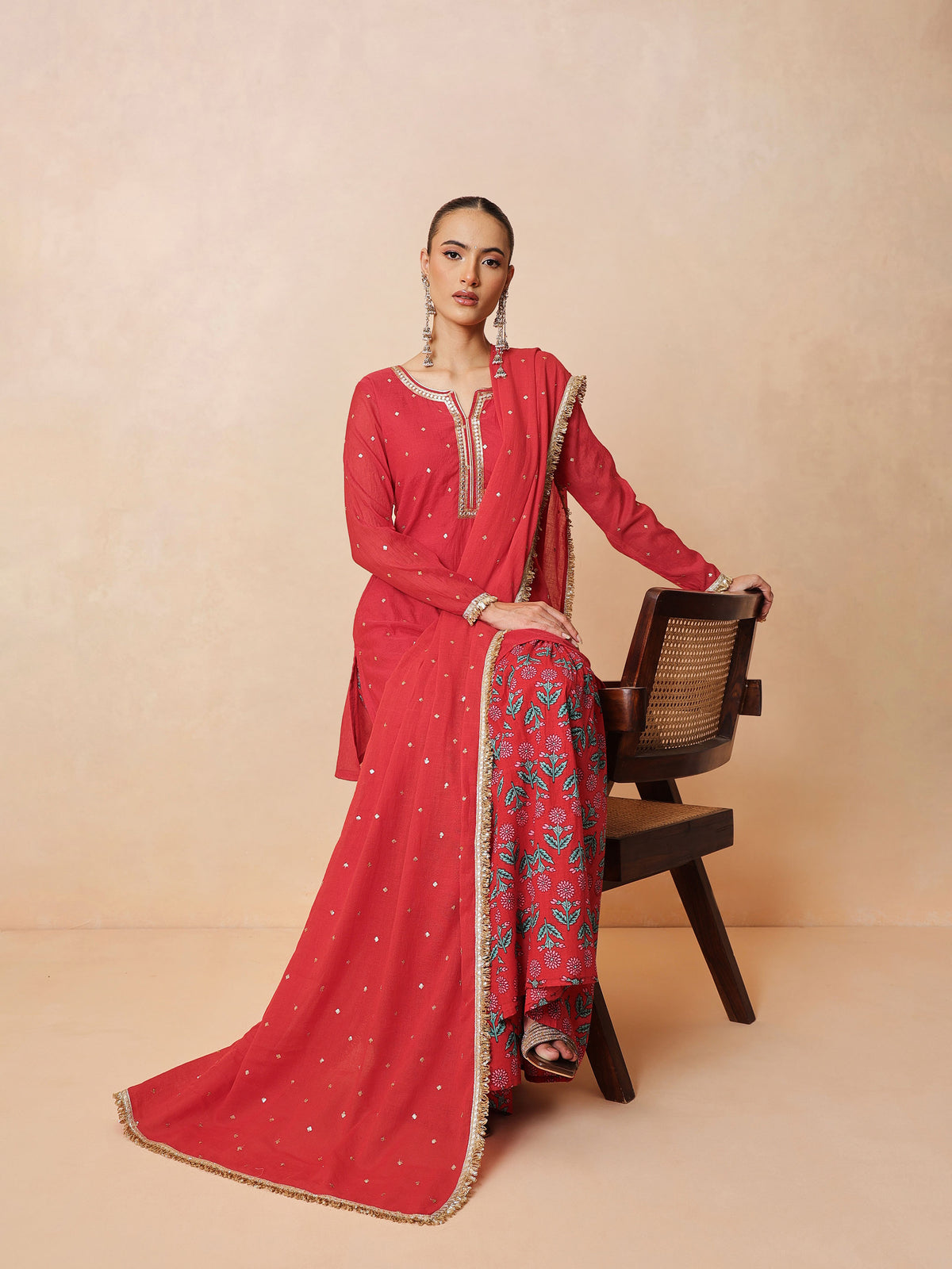 Women Red Embroidered Short Kurta With Sharara Pants & Dupatta