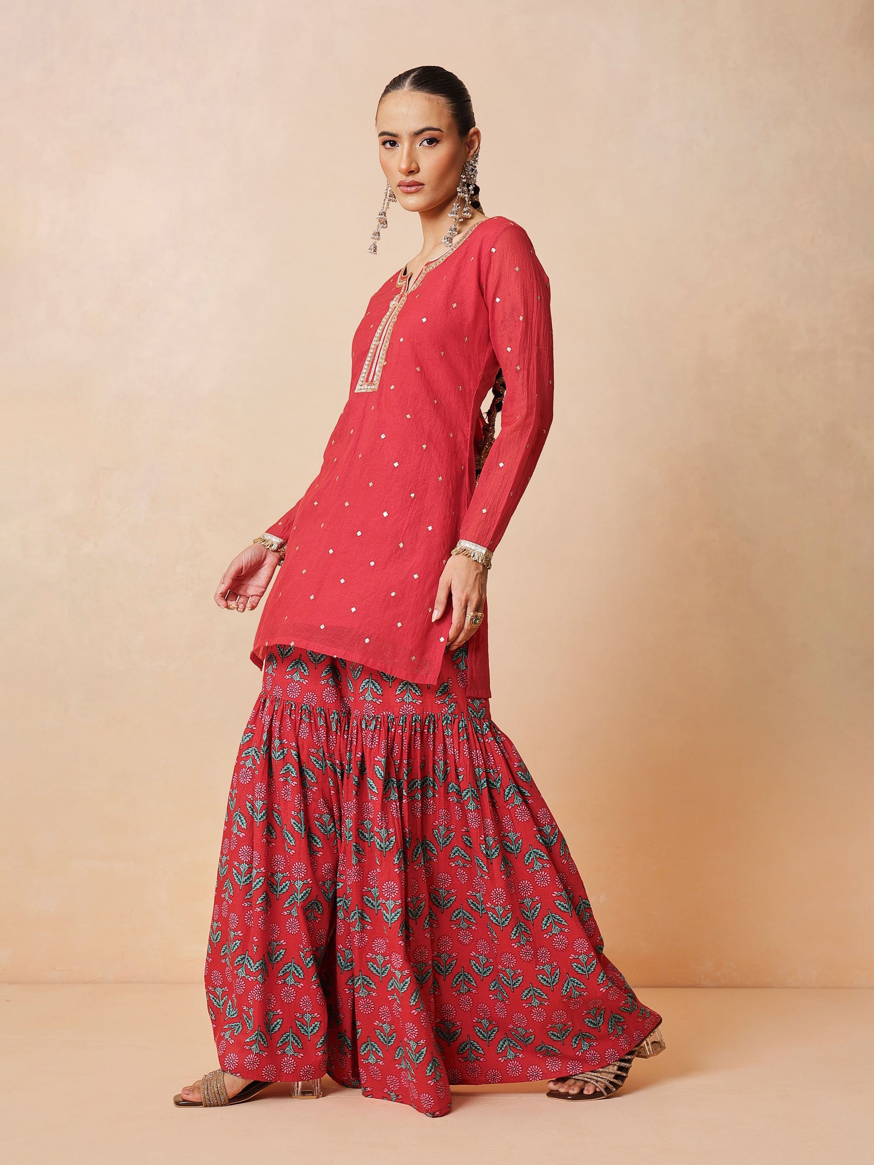 Red Embroidered Short Kurta With Sharara Pants & Dupatta-Luxe - Shae by SASSAFRAS