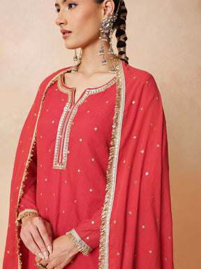 Red Embroidered Short Kurta With Sharara Pants & Dupatta-Luxe - Shae by SASSAFRAS