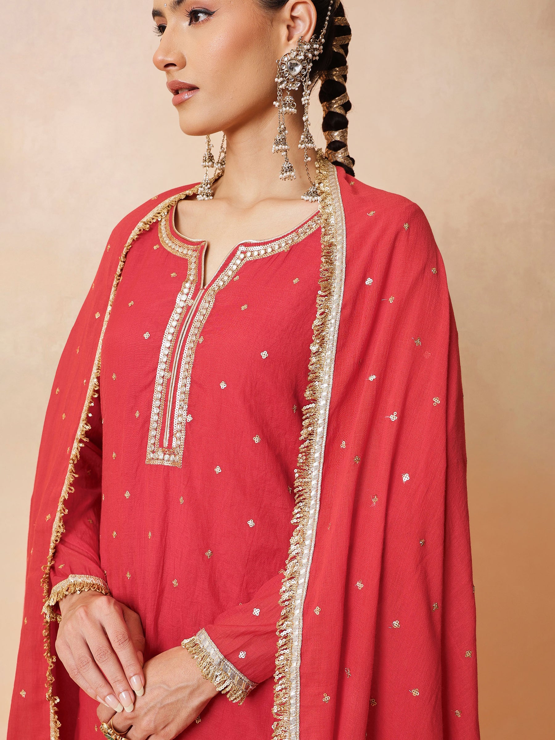 Women Red Embroidered Short Kurta With Sharara Pants & Dupatta