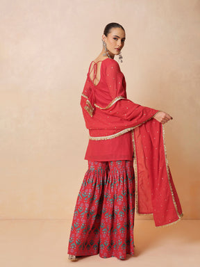 Women Red Embroidered Short Kurta With Sharara Pants & Dupatta