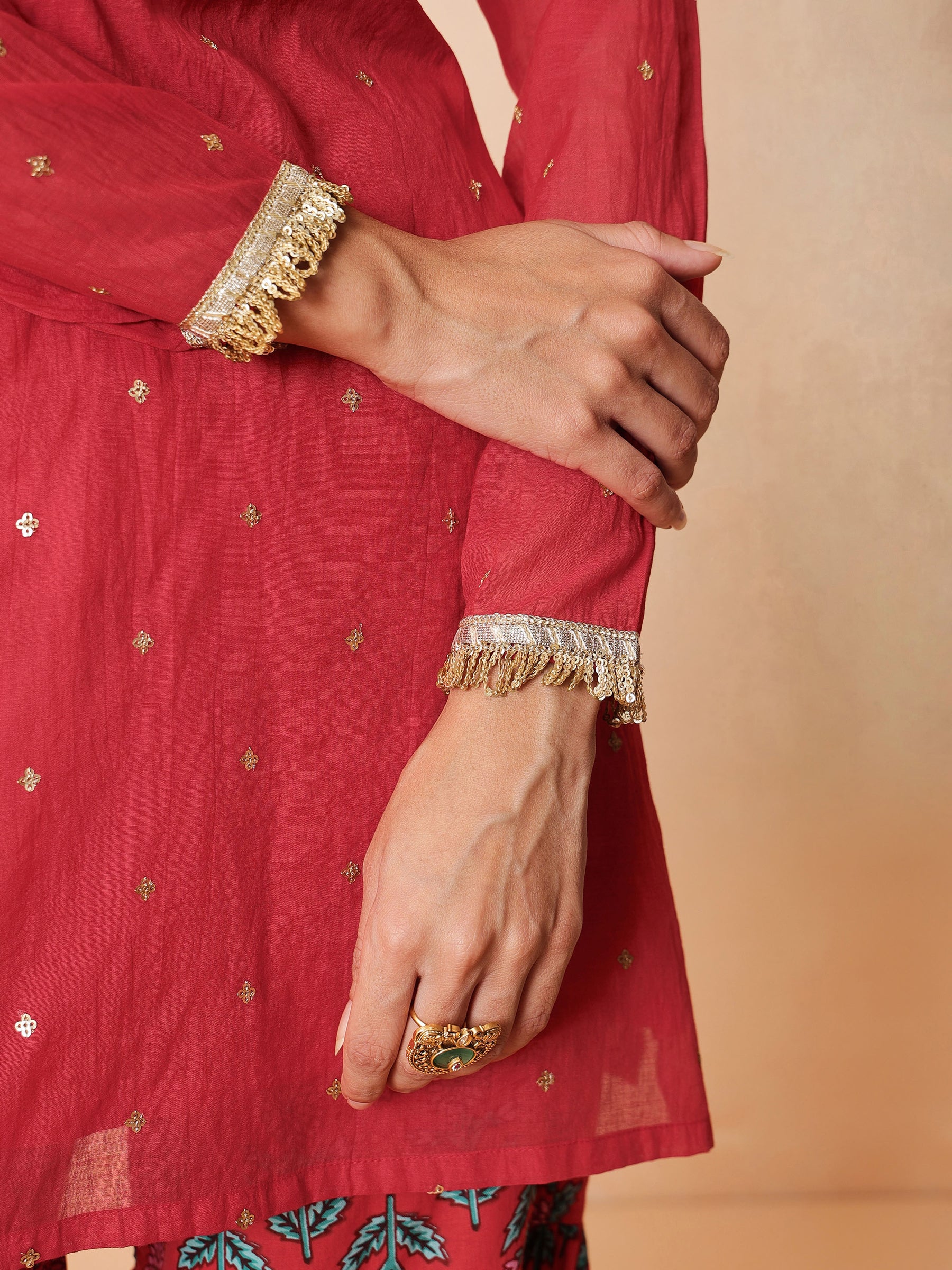 Women Red Embroidered Short Kurta With Sharara Pants & Dupatta