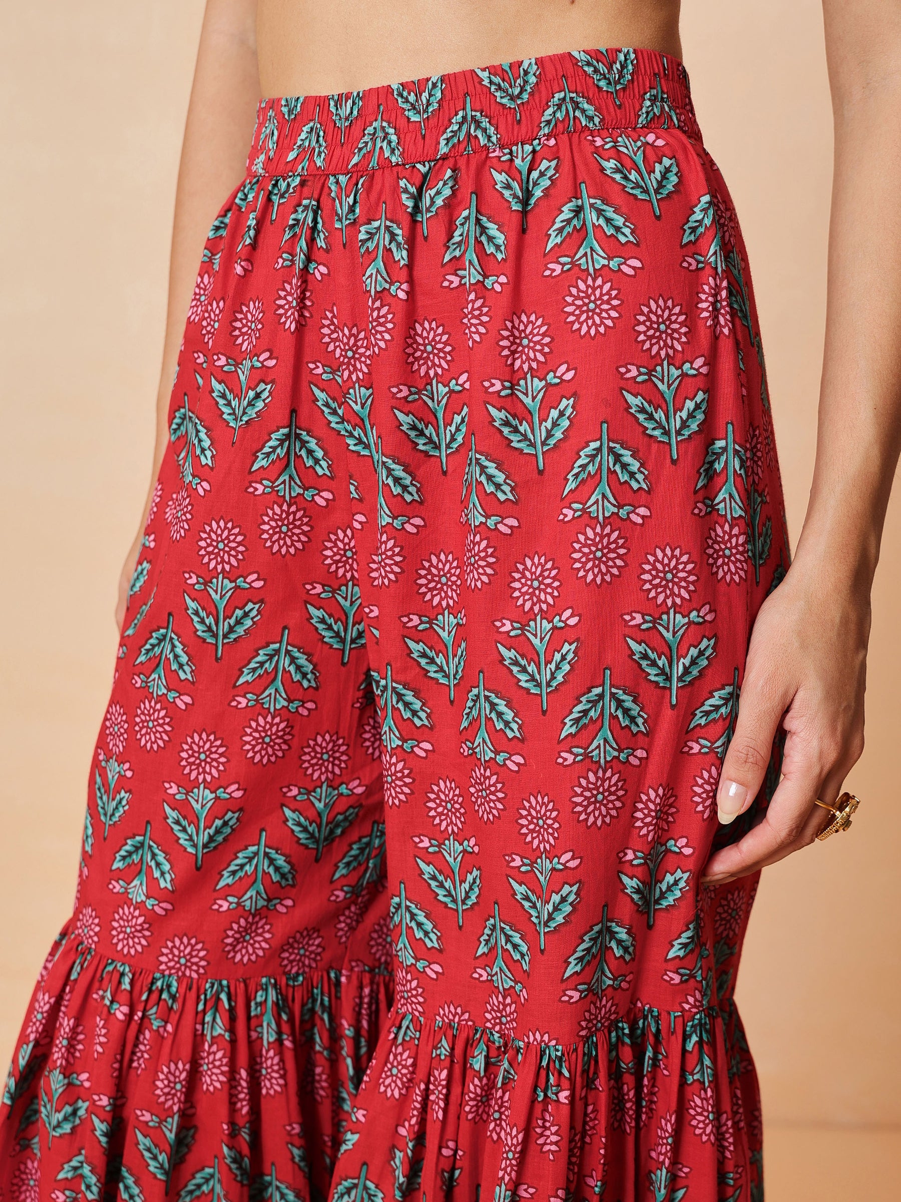 Women Red Embroidered Short Kurta With Sharara Pants & Dupatta