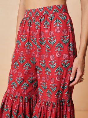 Women Red Embroidered Short Kurta With Sharara Pants & Dupatta