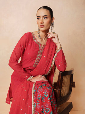 Women Red Embroidered Short Kurta With Sharara Pants & Dupatta