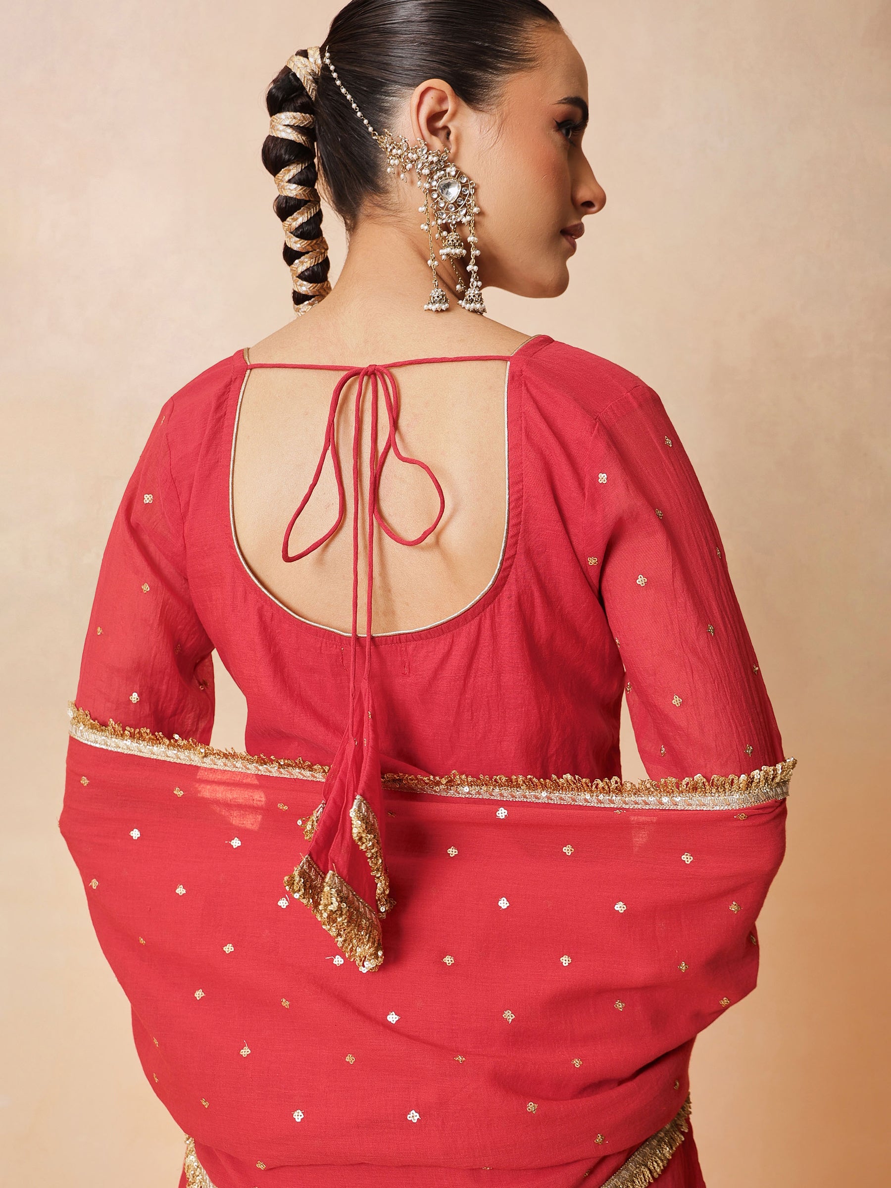 Women Red Embroidered Short Kurta With Sharara Pants & Dupatta