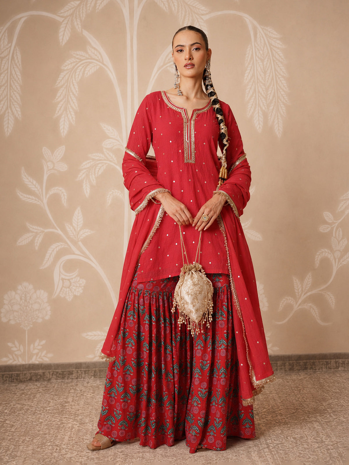 Women Red Embroidered Short Kurta With Sharara Pants & Dupatta