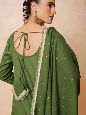 Women Olive Embroidered Short Kurta With Sharara Pants & Dupatta