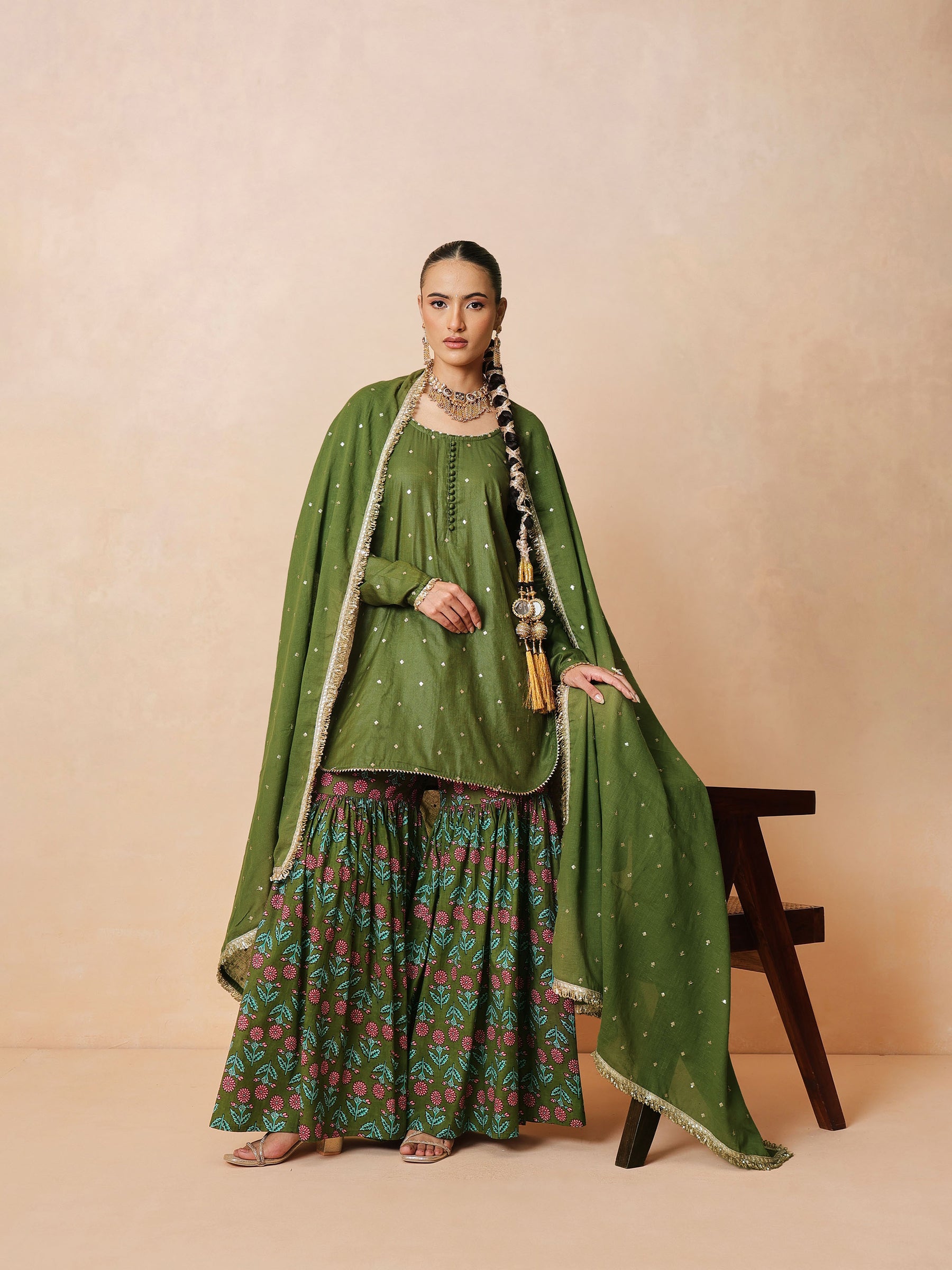 Women Olive Embroidered Short Kurta With Sharara Pants & Dupatta