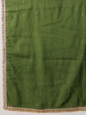Women Olive Embroidered Short Kurta With Sharara Pants & Dupatta