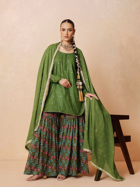 Olive Embroidered Short Kurta With Sharara Pants & Dupatta-Luxe - Shae by SASSAFRAS