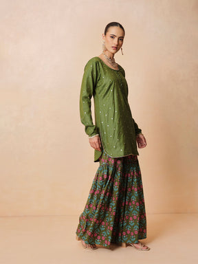 Olive Embroidered Short Kurta With Sharara Pants & Dupatta-Luxe - Shae by SASSAFRAS