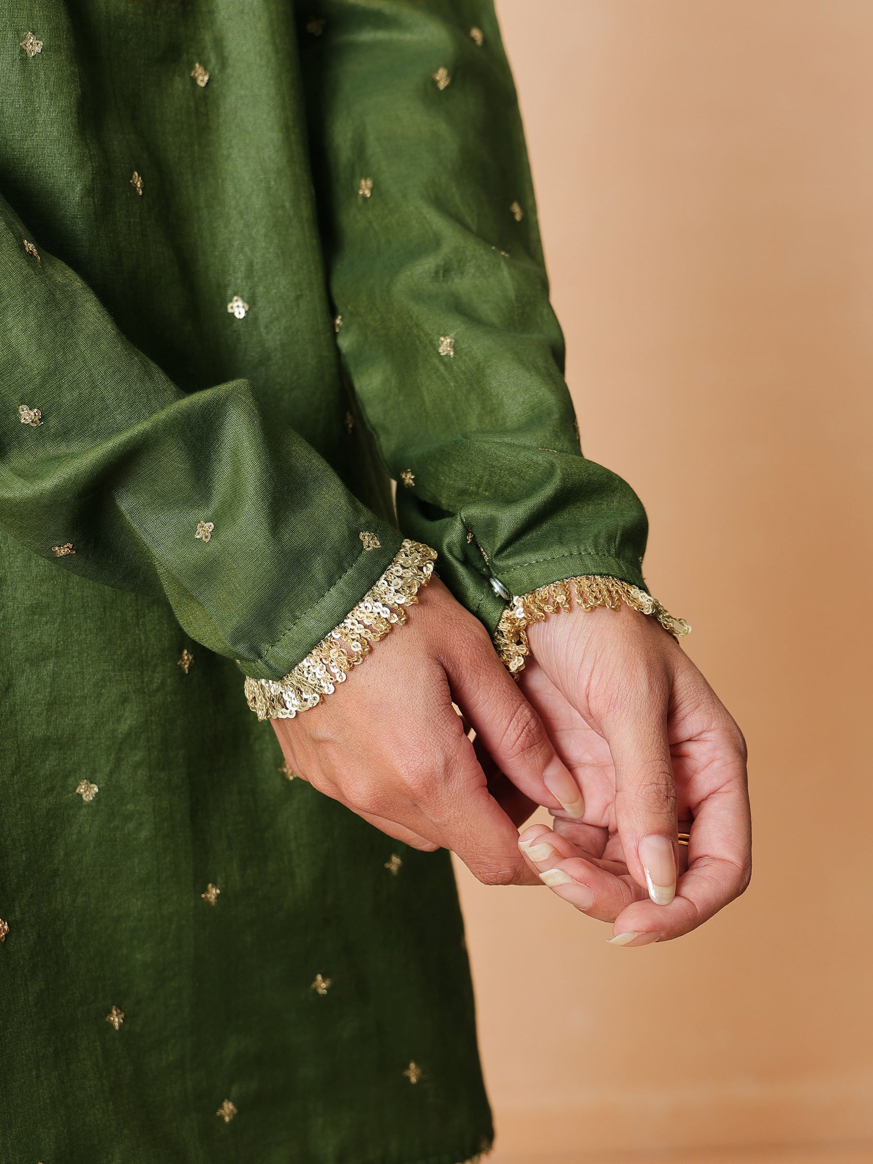 Women Olive Embroidered Short Kurta With Sharara Pants & Dupatta