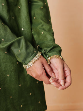 Women Olive Embroidered Short Kurta With Sharara Pants & Dupatta