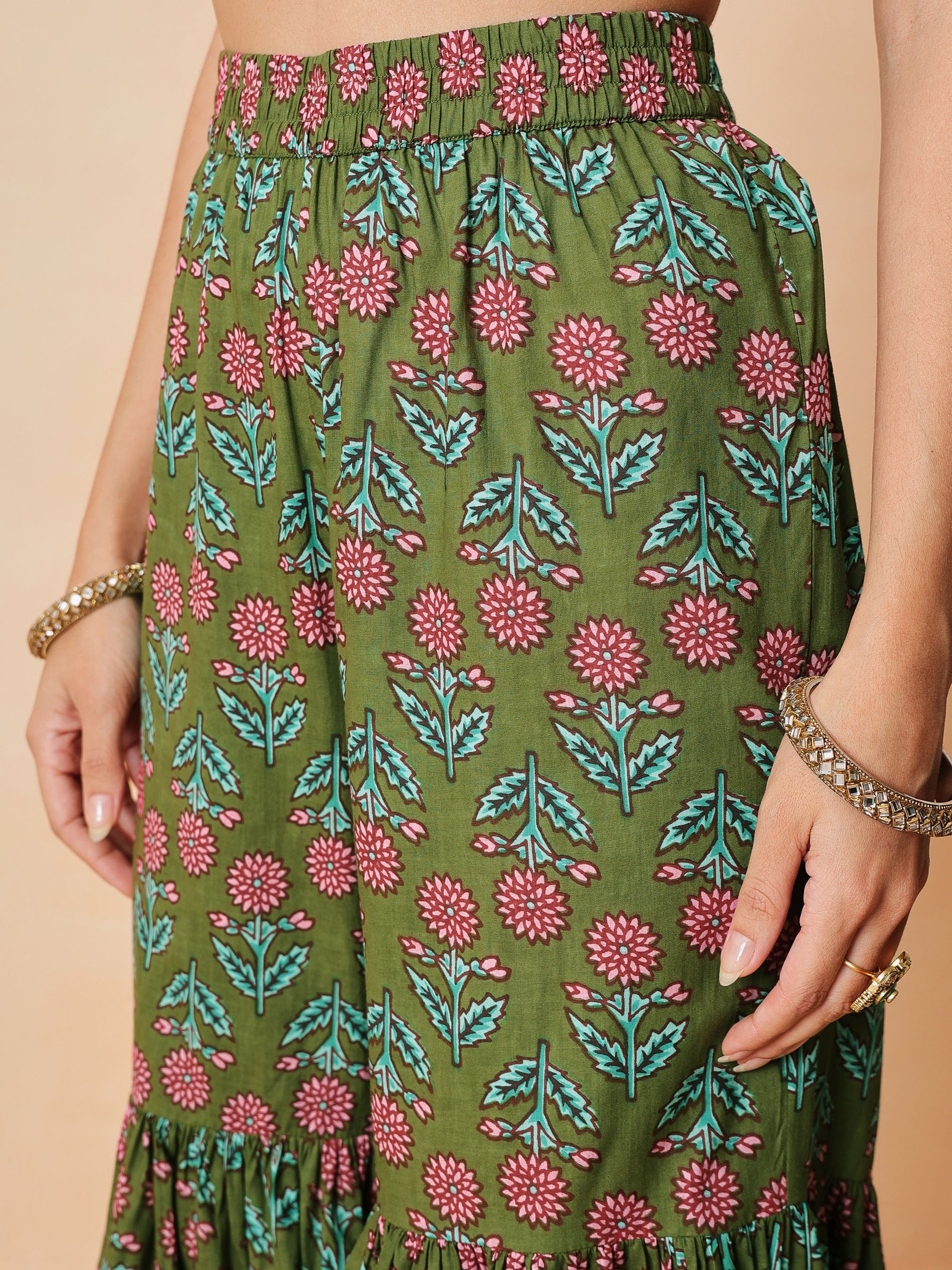 Women Olive Embroidered Short Kurta With Sharara Pants & Dupatta