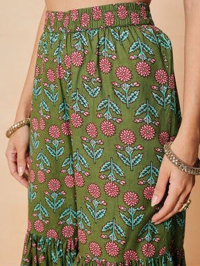 Women Olive Embroidered Short Kurta With Sharara Pants & Dupatta