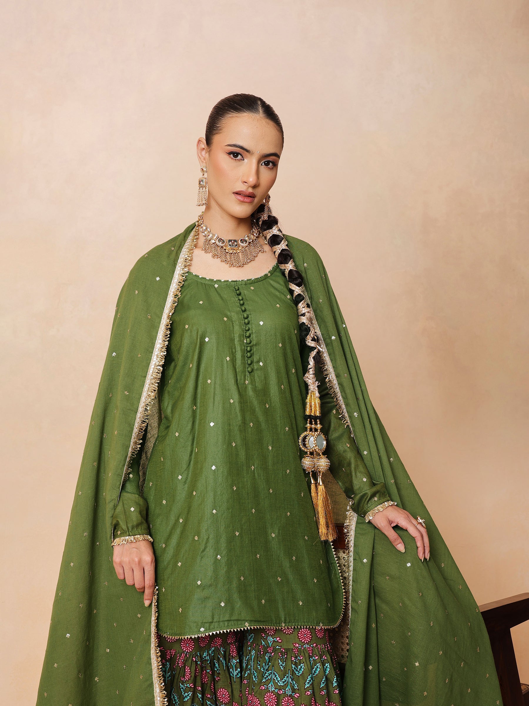 Women Olive Embroidered Short Kurta With Sharara Pants & Dupatta