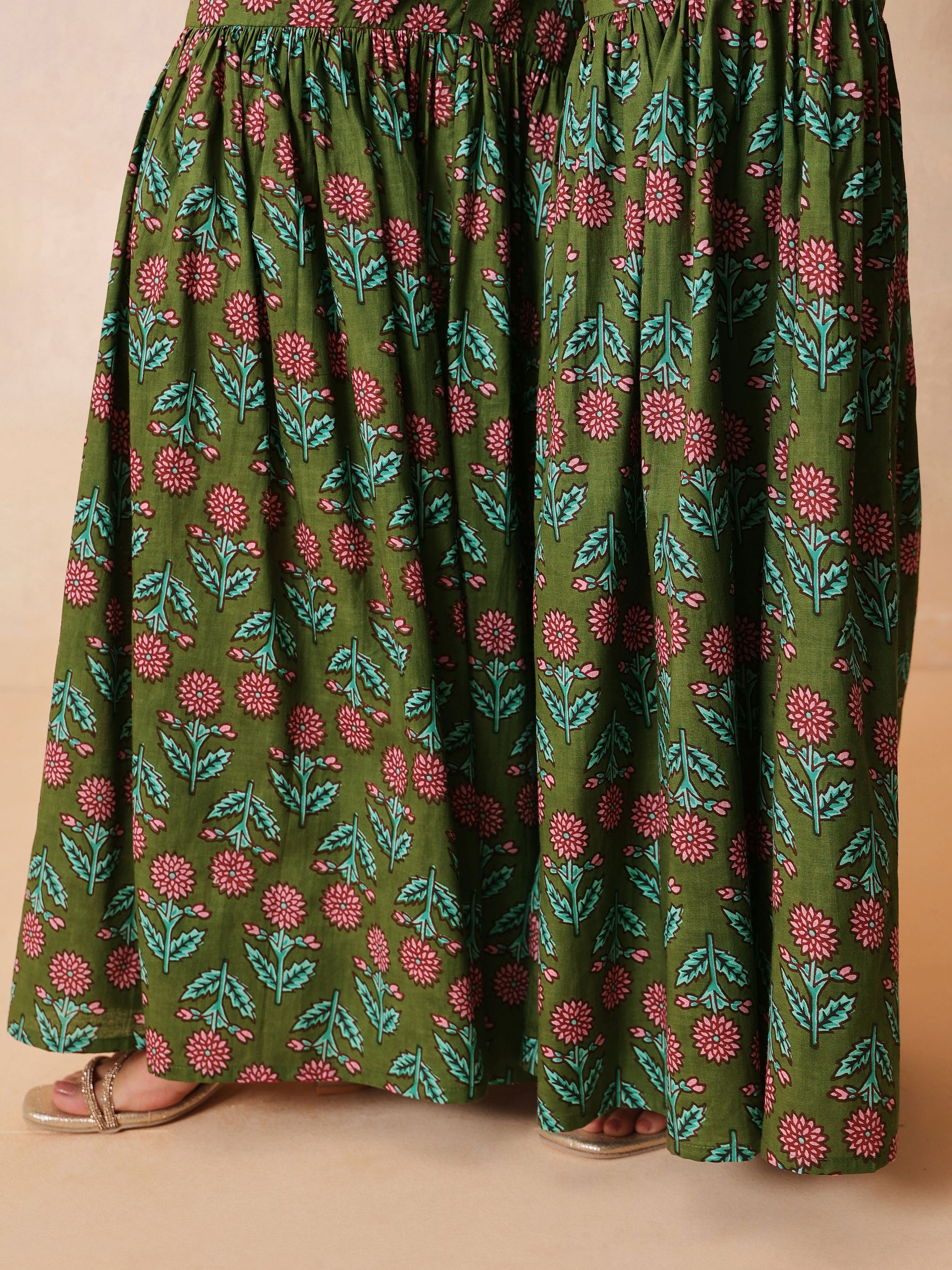 Women Olive Embroidered Short Kurta With Sharara Pants & Dupatta