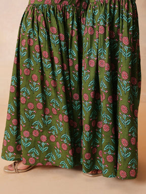 Women Olive Embroidered Short Kurta With Sharara Pants & Dupatta