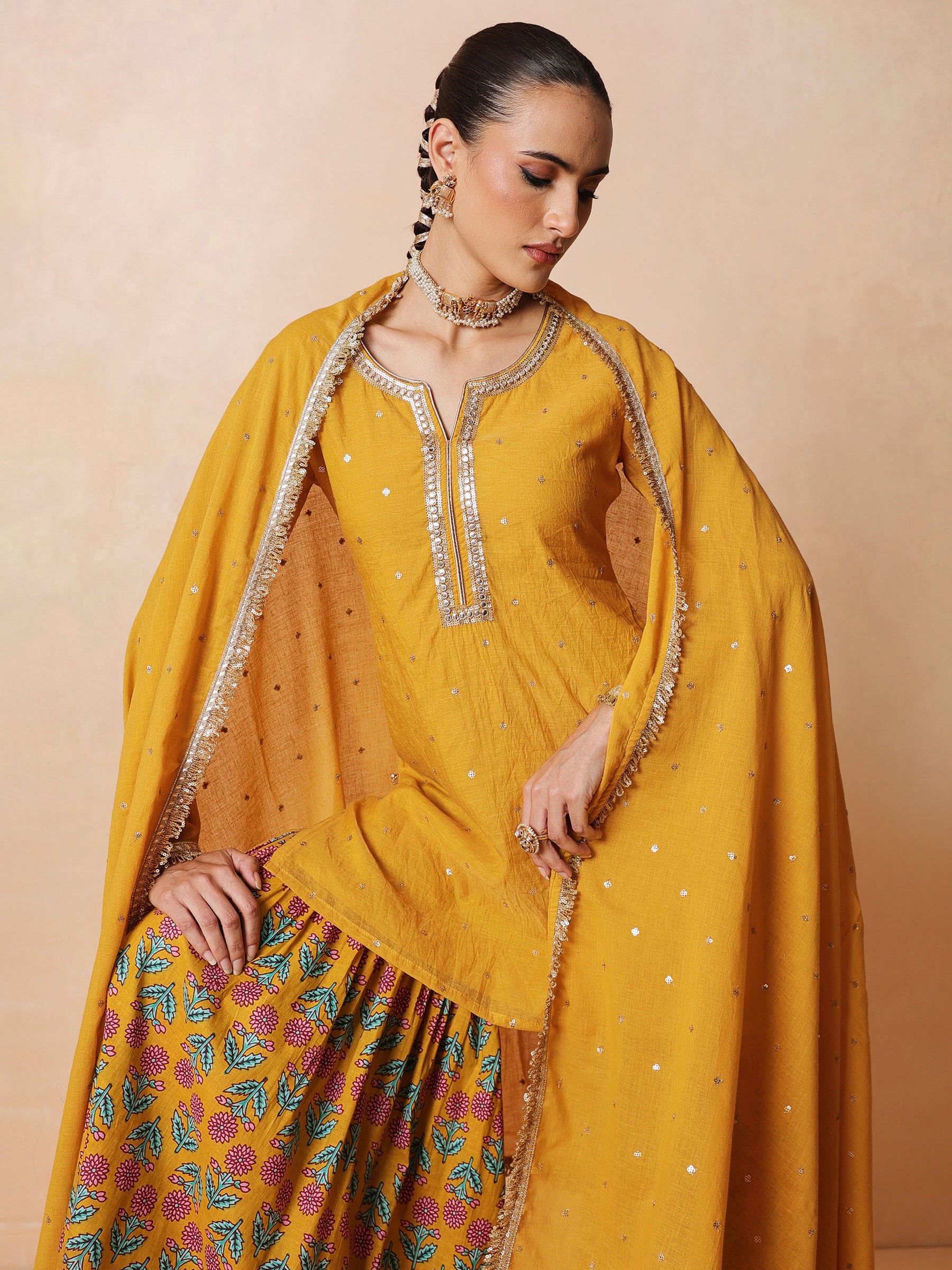 Yellow Embroidered Short Kurta With Sharara Pants & Dupatta-Luxe - Shae by SASSAFRAS