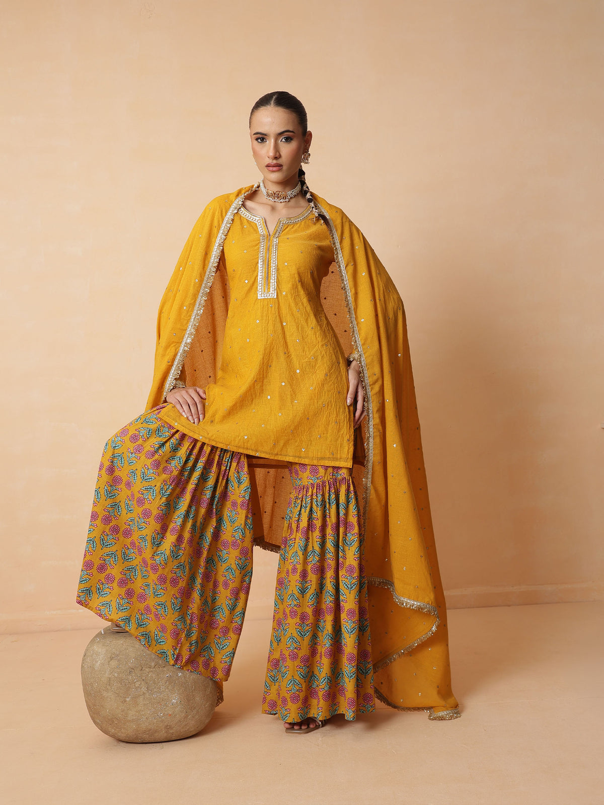 Women Yellow Embroidered Short Kurta With Sharara Pants & Dupatta