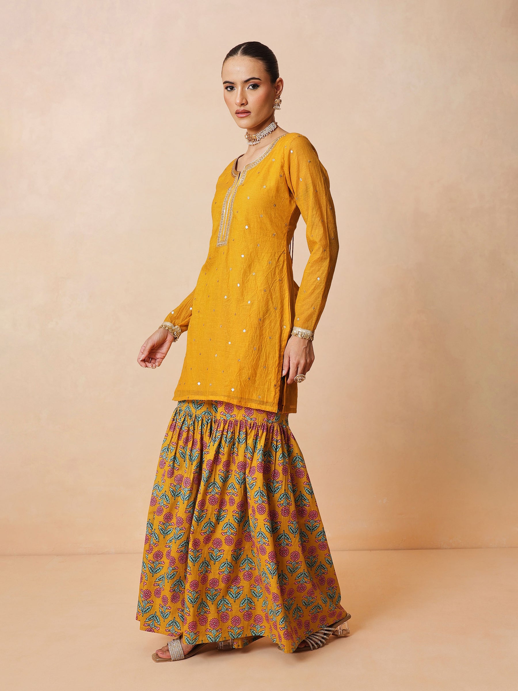 Women Yellow Embroidered Short Kurta With Sharara Pants & Dupatta