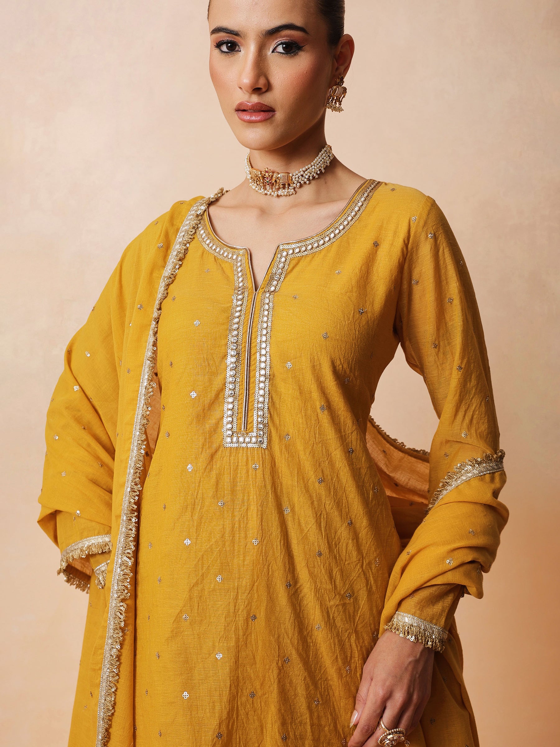 Yellow Embroidered Short Kurta With Sharara Pants & Dupatta-Luxe - Shae by SASSAFRAS