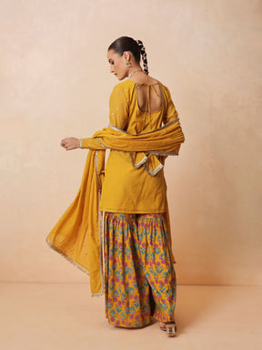 Yellow Embroidered Short Kurta With Sharara Pants & Dupatta-Luxe - Shae by SASSAFRAS