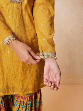 Women Yellow Embroidered Short Kurta With Sharara Pants & Dupatta