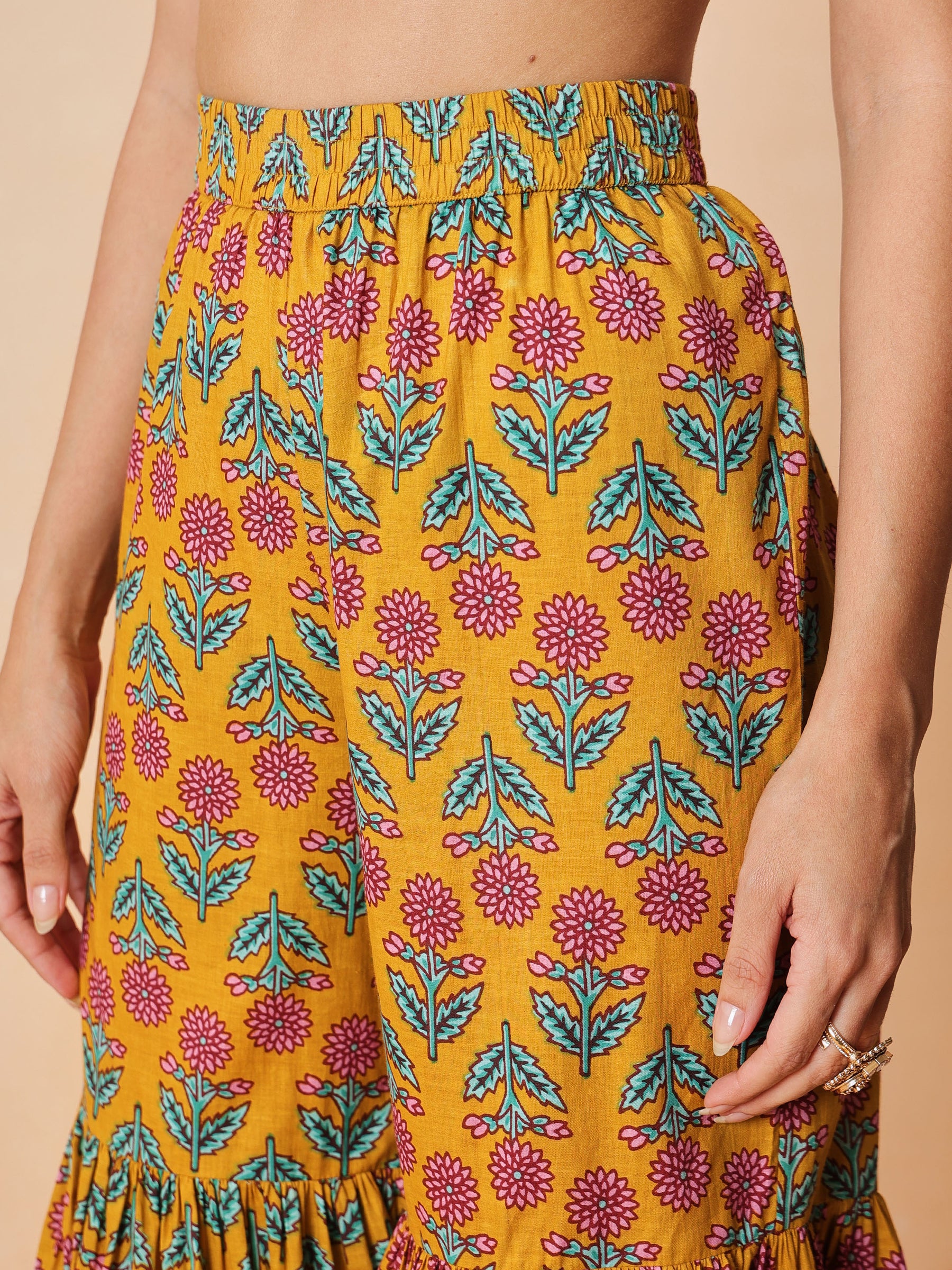 Women Yellow Embroidered Short Kurta With Sharara Pants & Dupatta