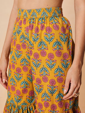 Women Yellow Embroidered Short Kurta With Sharara Pants & Dupatta