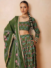 Olive Floral Round Neck Crop Top With Anarkali Skirt & Dupatta-Luxe - Shae by SASSAFRAS