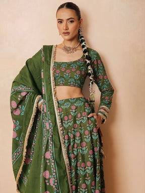 Olive Floral Round Neck Crop Top With Anarkali Skirt & Dupatta-Luxe - Shae by SASSAFRAS