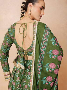 Olive Floral Round Neck Crop Top With Anarkali Skirt & Dupatta-Luxe - Shae by SASSAFRAS