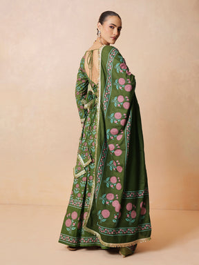 Olive Floral Round Neck Crop Top With Anarkali Skirt & Dupatta-Luxe - Shae by SASSAFRAS
