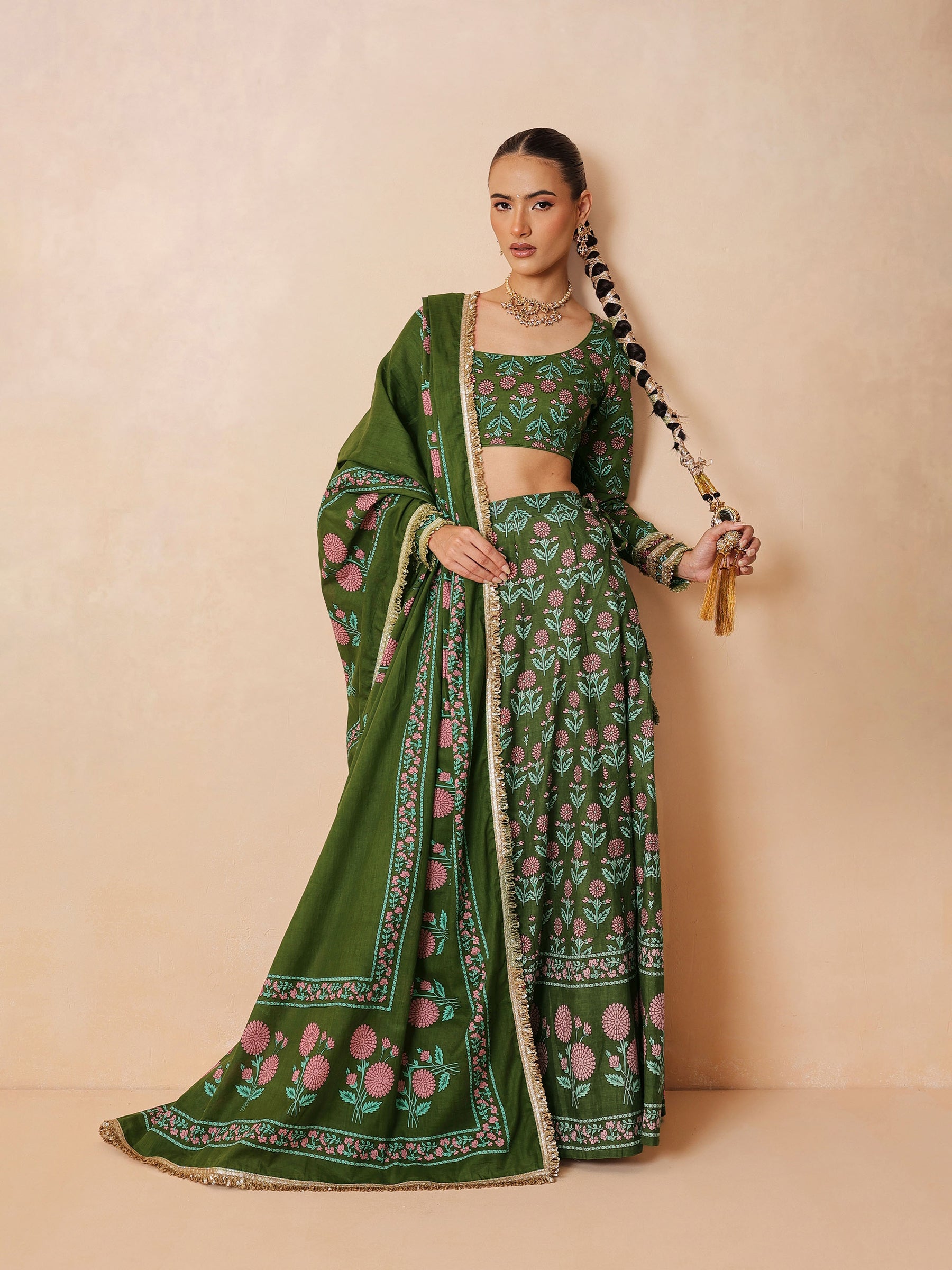 Women Olive Floral Round Neck Crop Top With Anarkali Skirt & Dupatta