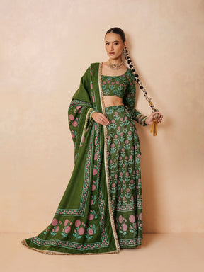 Women Olive Floral Round Neck Crop Top With Anarkali Skirt & Dupatta