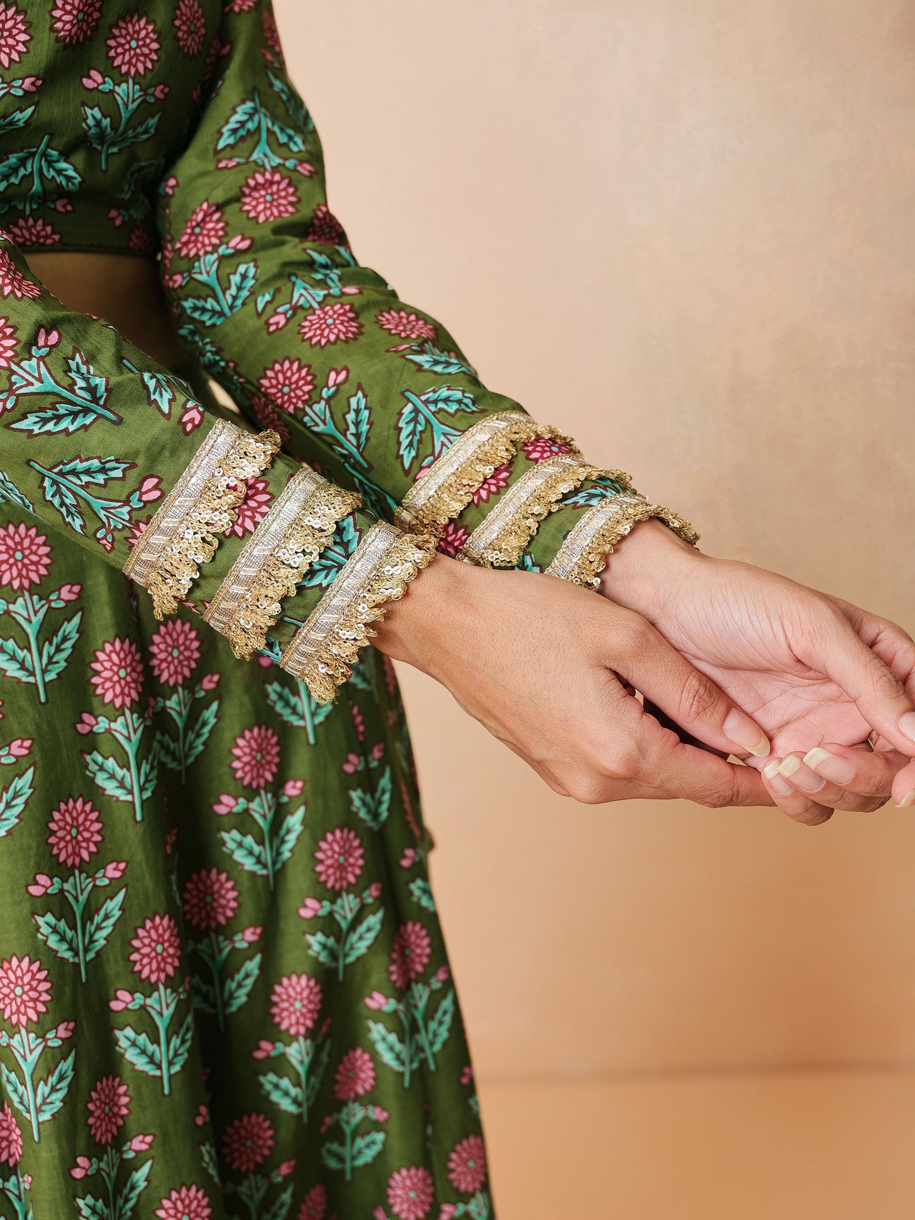 Women Olive Floral Round Neck Crop Top With Anarkali Skirt & Dupatta