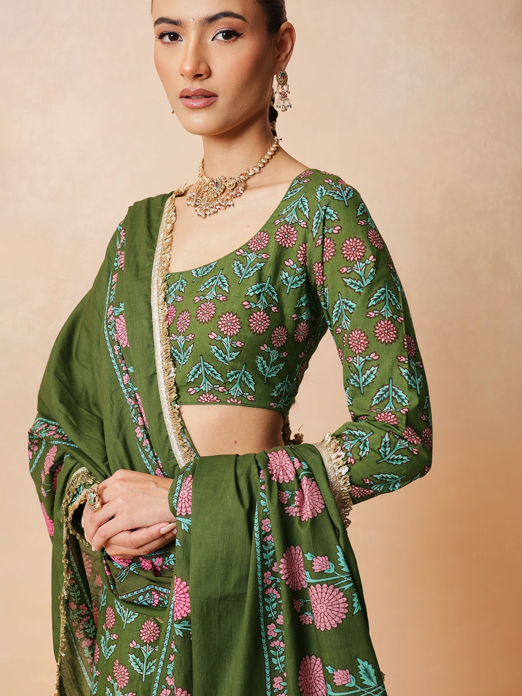Women Olive Floral Round Neck Crop Top With Anarkali Skirt & Dupatta